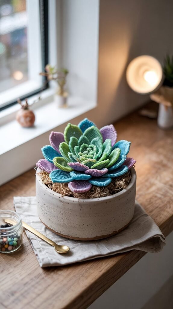 Handmade beaded succulent echeveria in a matte white pot on warm oak shelf 