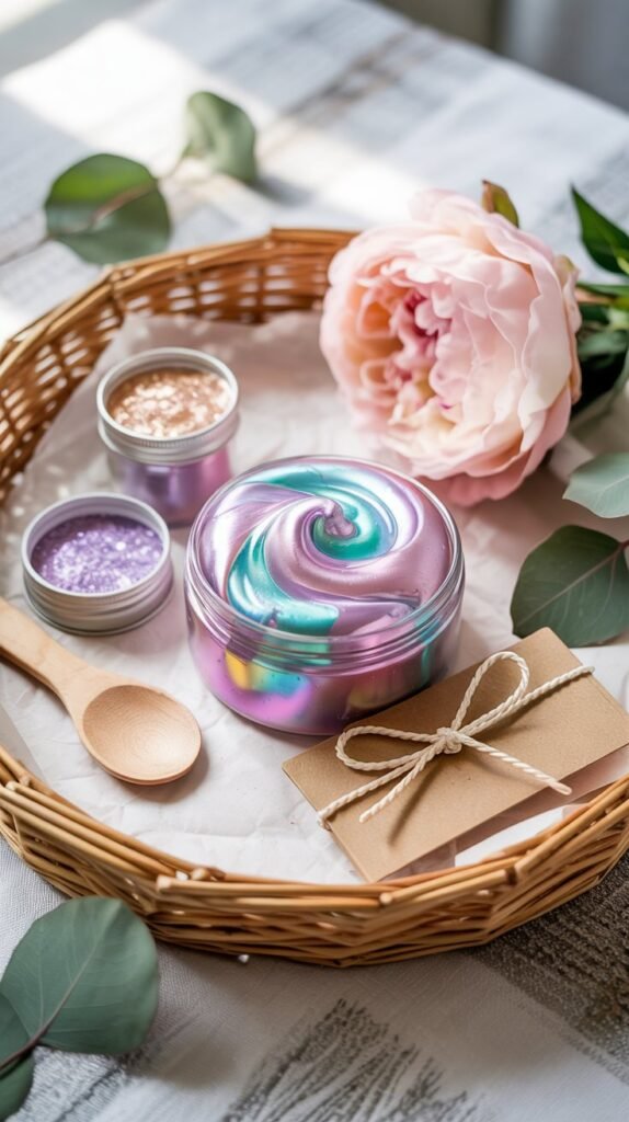 DIY slime kit with clear jars of pink, lavender and teal glitter slime in a wicker basket, wooden scoop, small glitter pots and a sprig of pale flowers on a light wood background.
