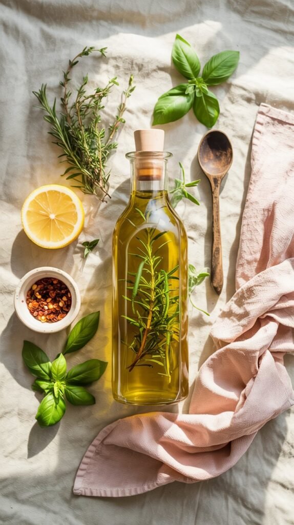 Bottles of herb-infused oils with rosemary, thyme and basil for zero-waste homemade Christmas gifts