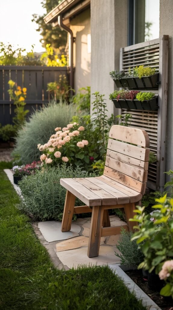 Narrow side yard with slim bench on raised platform, vertical herb planters and slatted storage screen.