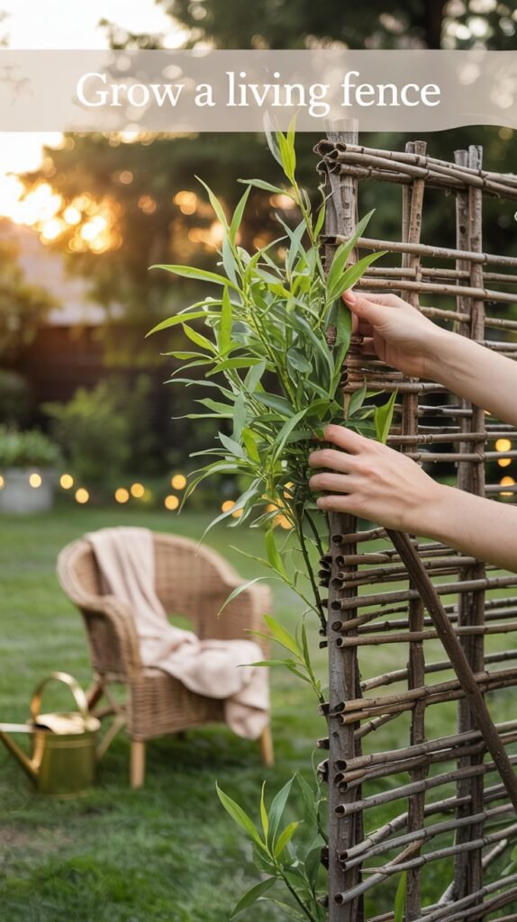 Living Willow Privacy Screen — Create an instant, living fence that fills in fast: weave willow rods this weekend and watch leafy coverage appear within weeks.