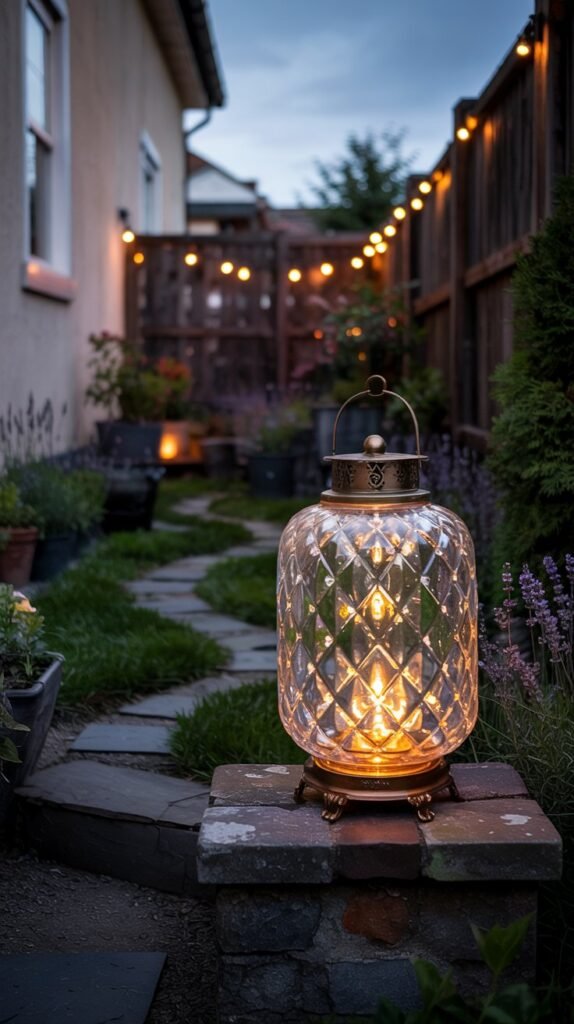 Twilight narrow side yard with glowing lantern and string lights.