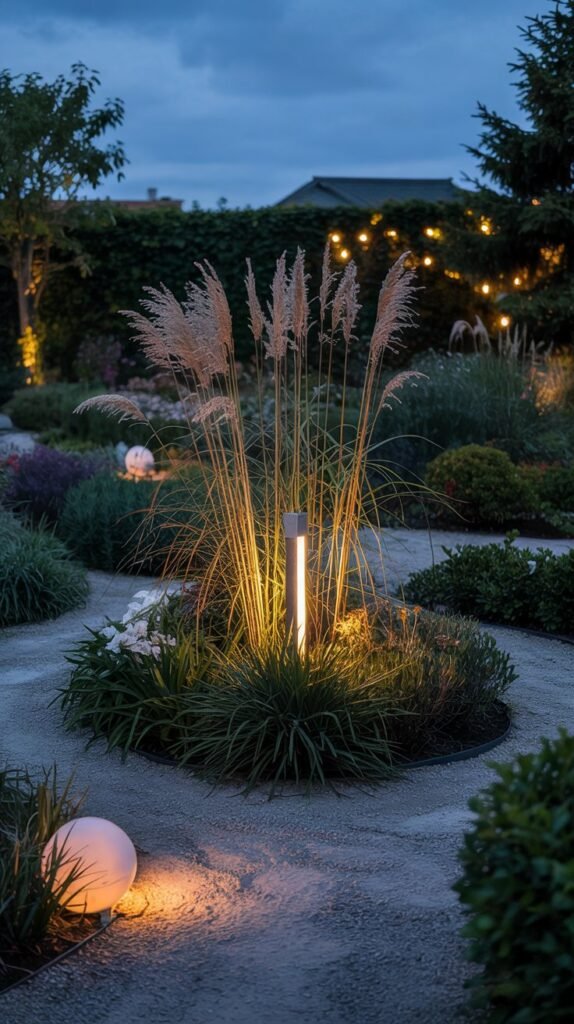 Whole small garden at dusk with a lit water bowl foreground, uplit sculptural focal midground, and blurred warm lights along the shadowed background.