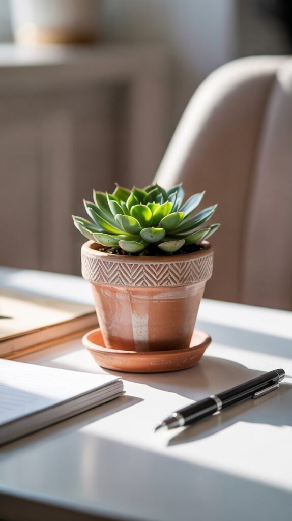 Personalized mini desk plant — paint a 2–3" terracotta pot and pot a low‑maintenance succulent. A quick, professional DIY gift perfect for colleagues.