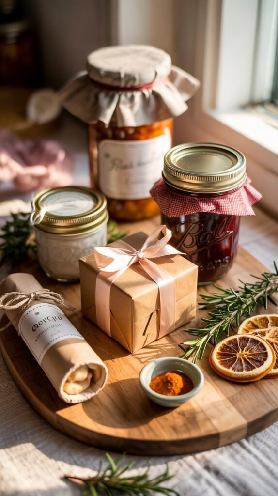 Curated selection of pantry gifts—mason jar with fabric topper, upcycled jar,