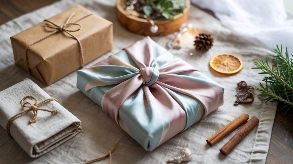 Eco-friendly gift wrapping options using fabric, paper bags, and natural elements for zero-waste homemade