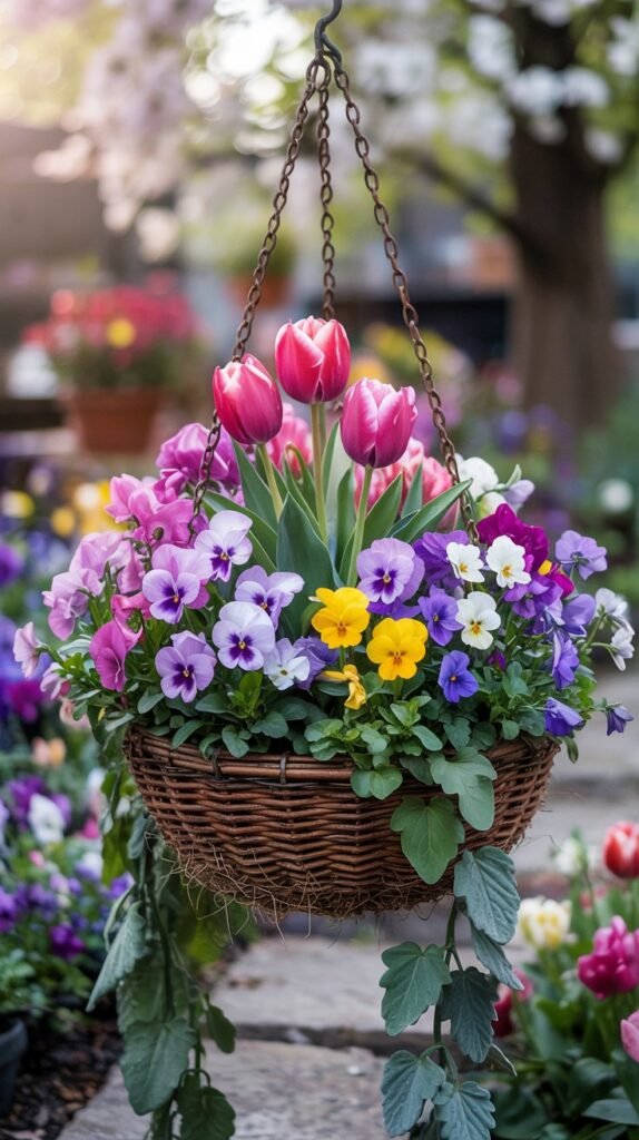 Spring hanging basket with tulip thriller, pansies, creeping Jenny and trailing lobelia in soft morning light.