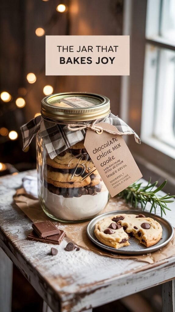 Layered cookie mix ingredients in a mason jar with recipe tag as zero-waste homemade Christmas gifts