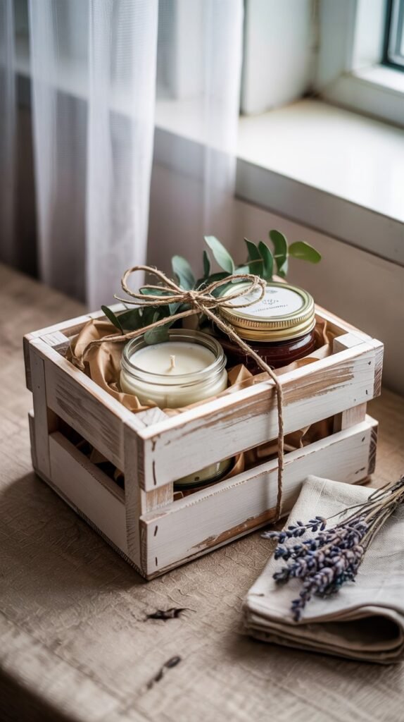 Whitewashed wooden crate gift box lined with kraft paper and filled with a candle jar, small jam jar and eucalyptus, tied with twine on a pale wood surface