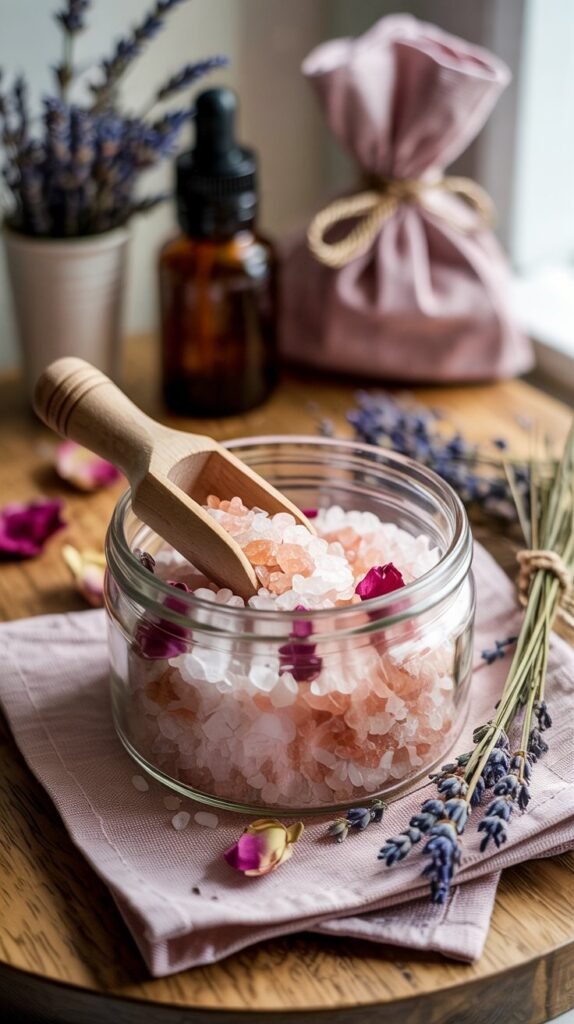 Glass jar of relaxing Epsom salt blend with wooden scoop, lavender sprig and muslin sachet on a marble surface