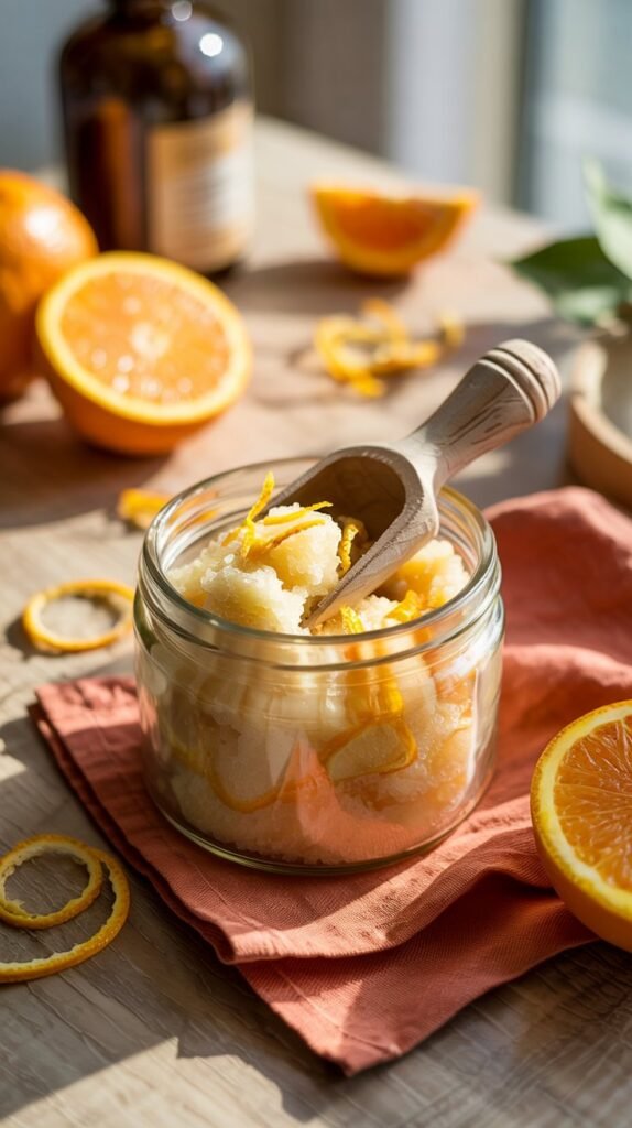 Glass jar of citrus sugar scrub with wooden scoop, orange zest and fresh oranges on a light wood surface.