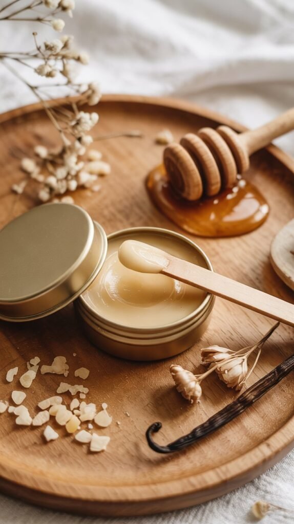 Open tin of honey beeswax lip balm with a wooden spatula, honey dipper and beeswax pellets on a warm wood surface."