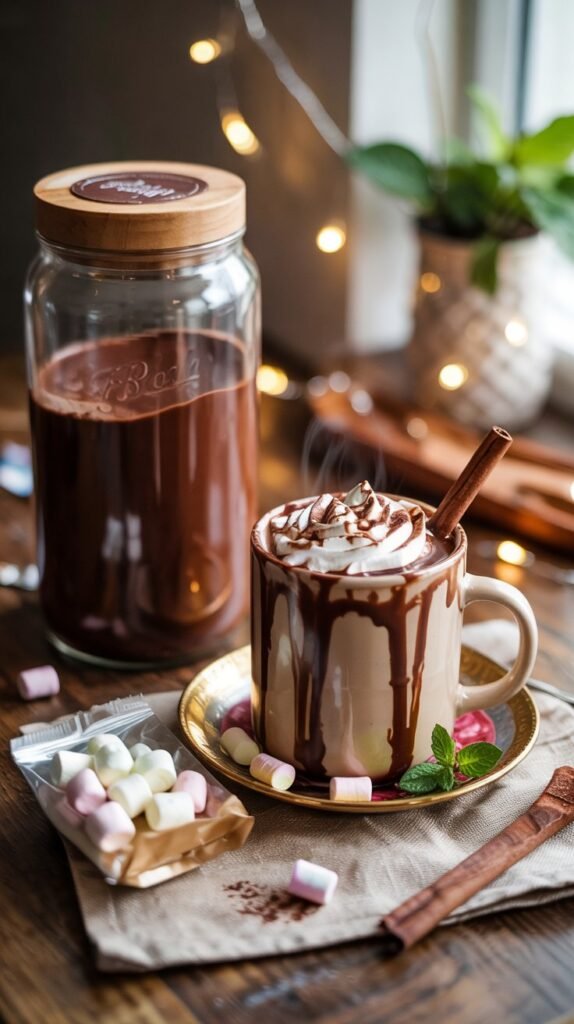 Jar of homemade hot chocolate mix with wooden scoop beside a mug of hot chocolate topped with whipped cream, marshmallows and a cinnamon stick on a wooden board