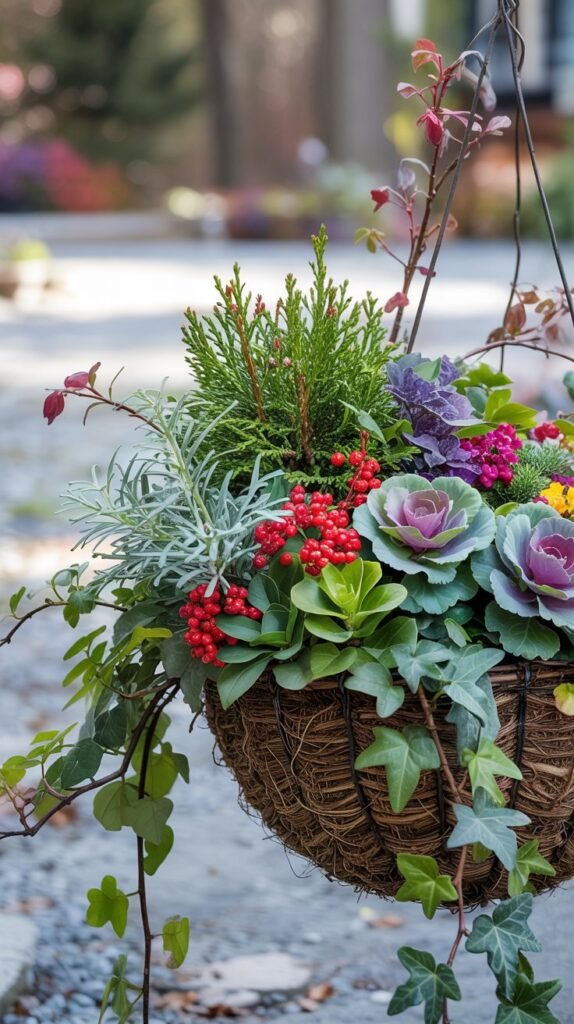Winter hanging basket with evergreen sprigs, red berries, ornamental cabbage and dusty miller.