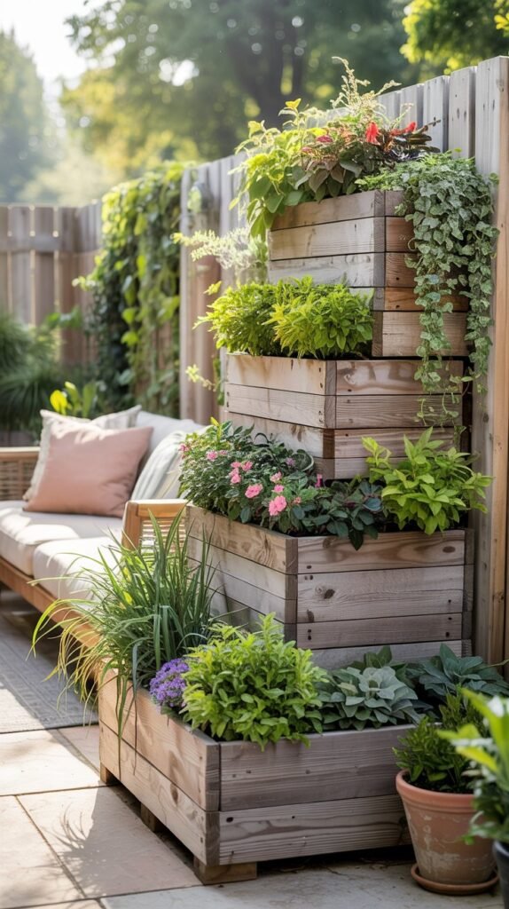 Tiered Planter Privacy Wall — Build a lush privacy screen in a weekend with stacked planters, tall grasses and trailing blooms for instant height. Fast & Easy!!