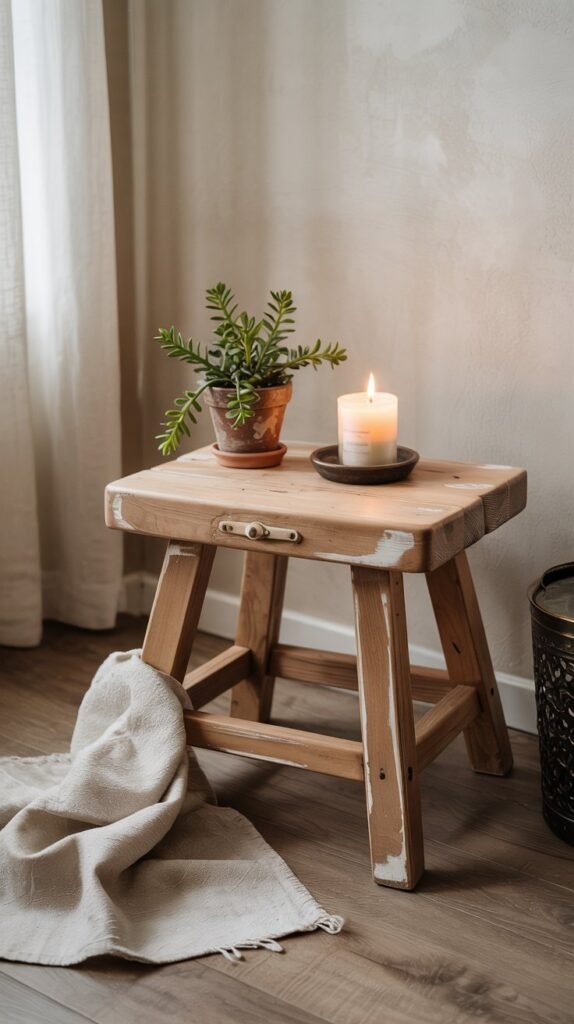 Refinished wooden stool styled as a gift with a small potted plant, candle and folded linen throw on a pale wood floor against a warm ivory wall.