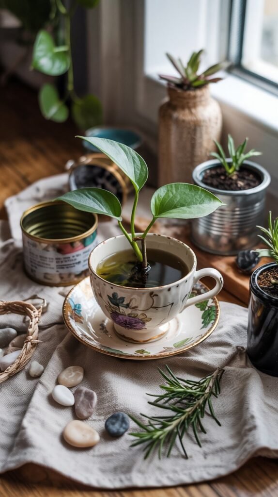 Propagated plant cuttings in creative upcycled containers as zero-waste homemade 