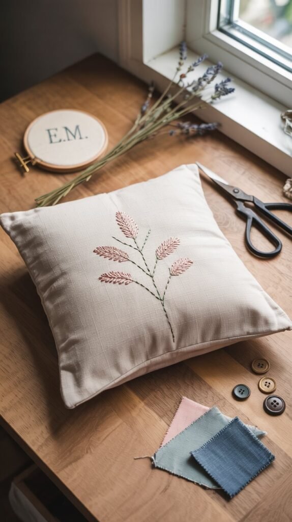 Folded upcycled pillow cover made from a flannel shirt on a linen-covered board, surrounded by an embroidery hoop, buttons, scissors and fabric scraps.