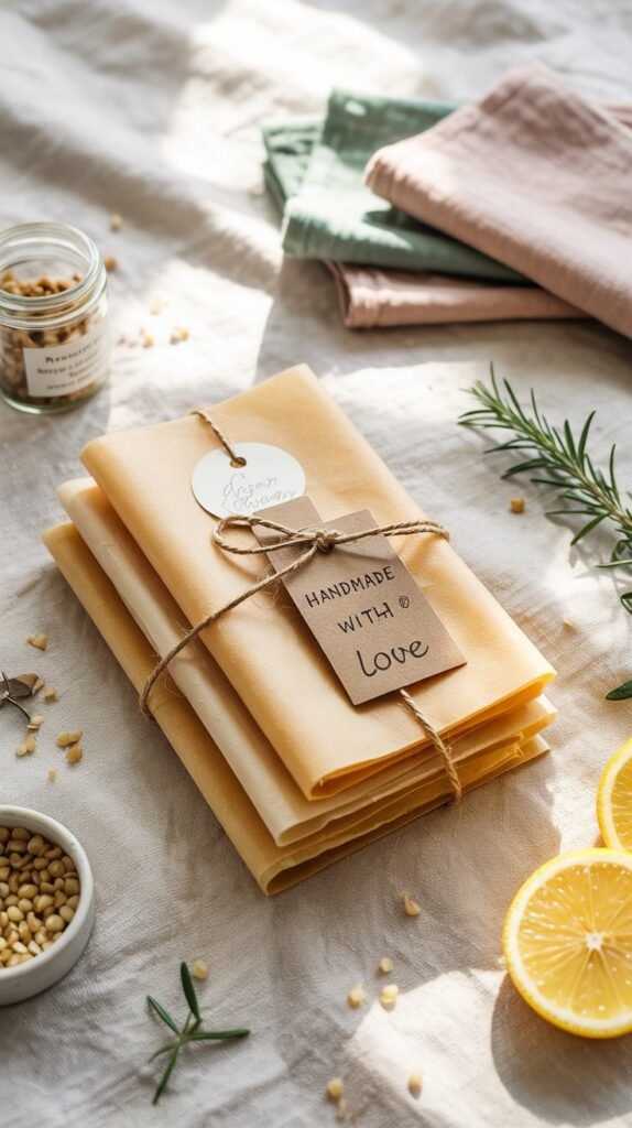 Colorful beeswax food wraps in various patterns as zero-waste homemade Christmas gifts