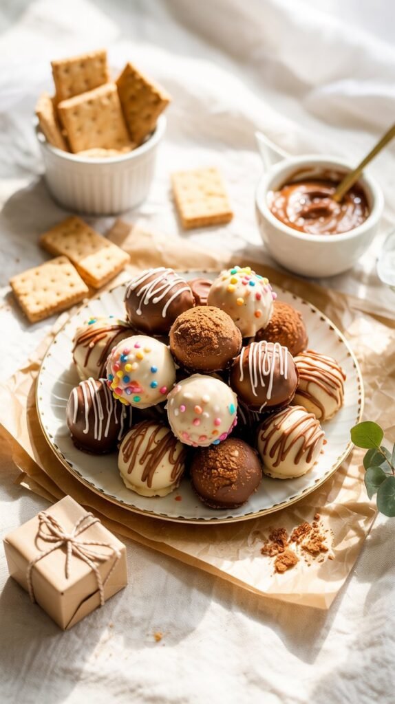 Cookie butter balls coated in white chocolate and festive sprinkles on a holiday-themed plate