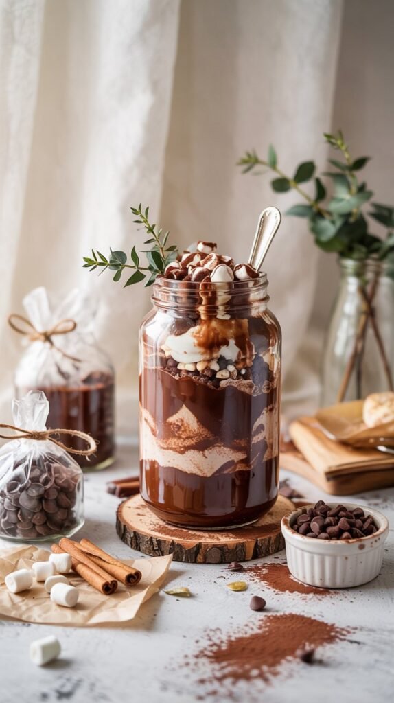 Homemade hot chocolate mix in a decorative jar with mini marshmallows and candy cane garnish