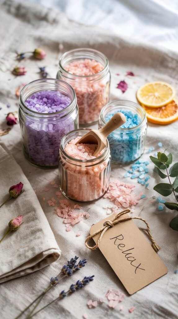 Homemade bath salts with dried flowers in upcycled jars as zero-waste homemade 