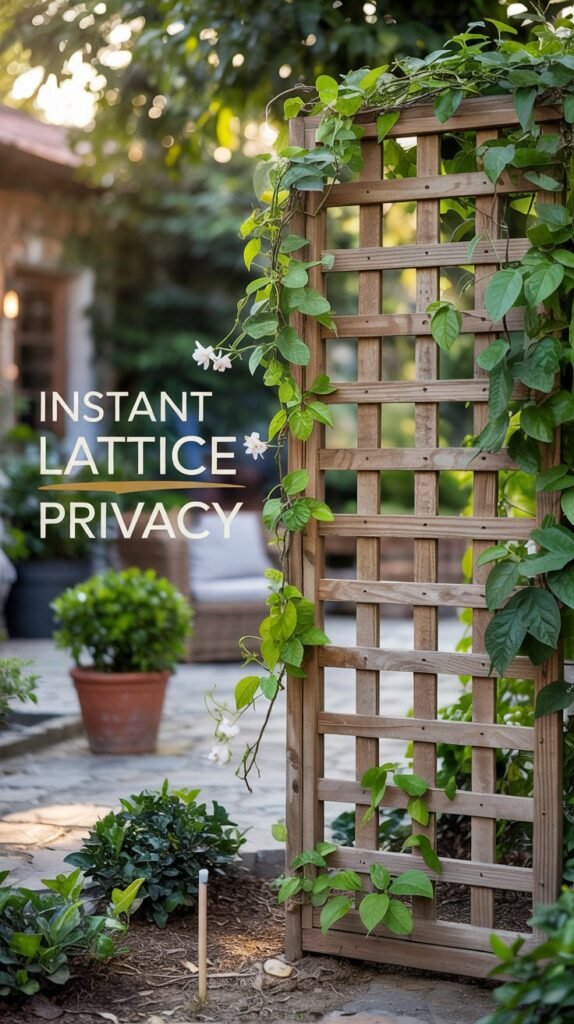 Lattice panel privacy screen with fast-growing vines (jasmine, honeysuckle): an easy weekend DIY for quick, fragrant backyard coverage and everyday seclusion. Try it.