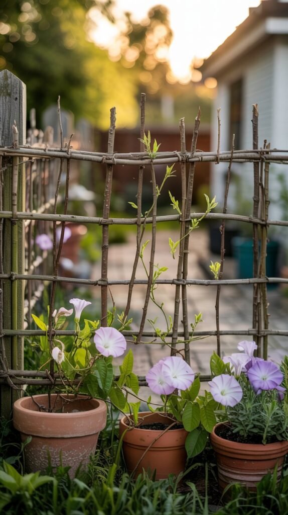 Expandable willow fence with climbing plants — a quick weekend DIY that provides instant structure and fast-growing vine coverage for backyard privacy. Try now.