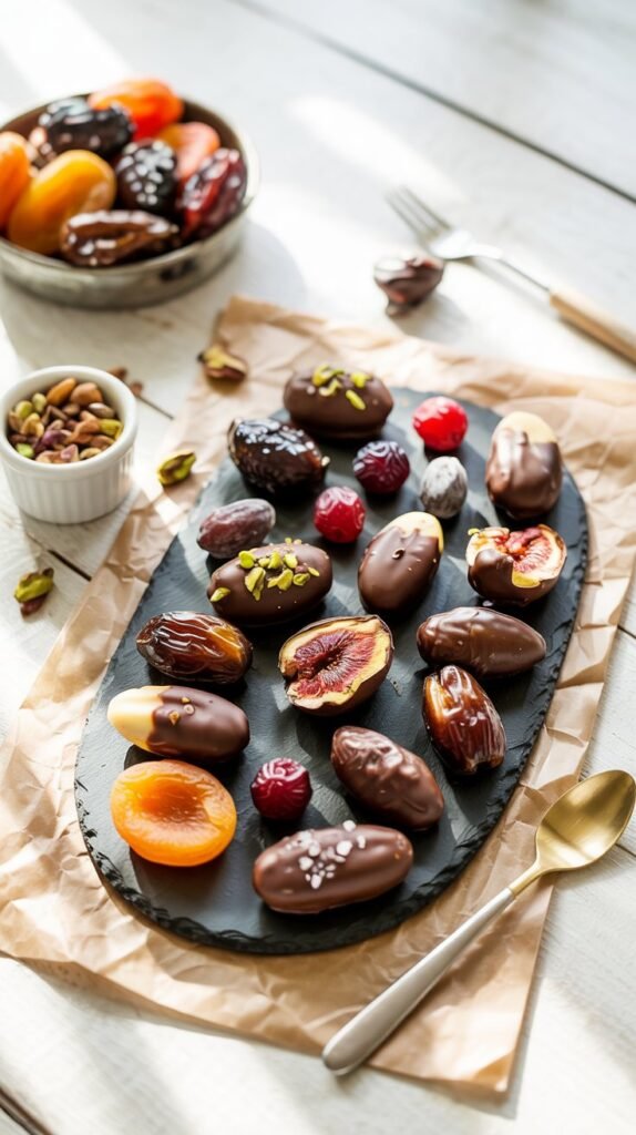 Chocolate-dipped dried fruits and nuts arranged on a festive holiday platter with sprinkles