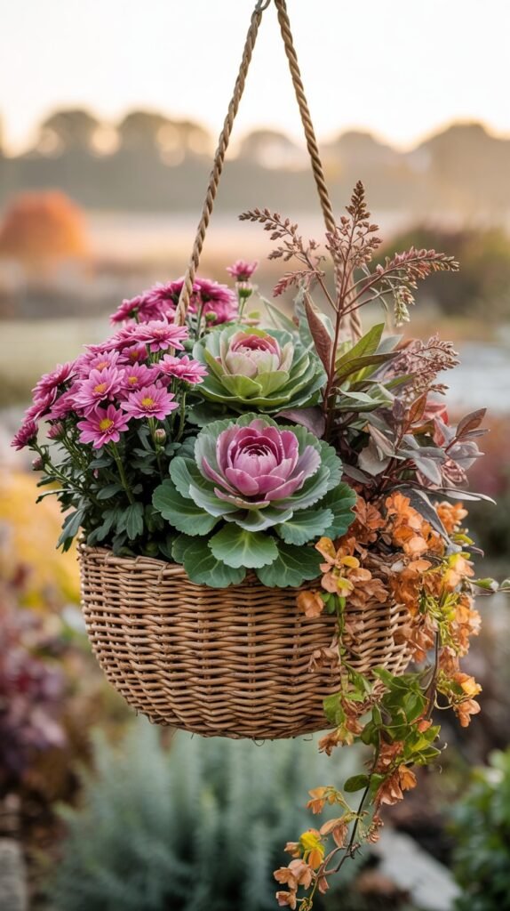 Autumn hanging basket with purple ornamental kale, burgundy mums and trailing golden creeping Jenny