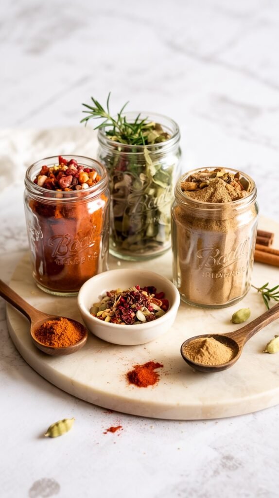 Three glass jars of custom spice blends with wooden spoons, fresh herbs and a blank kraft tag on a marble board