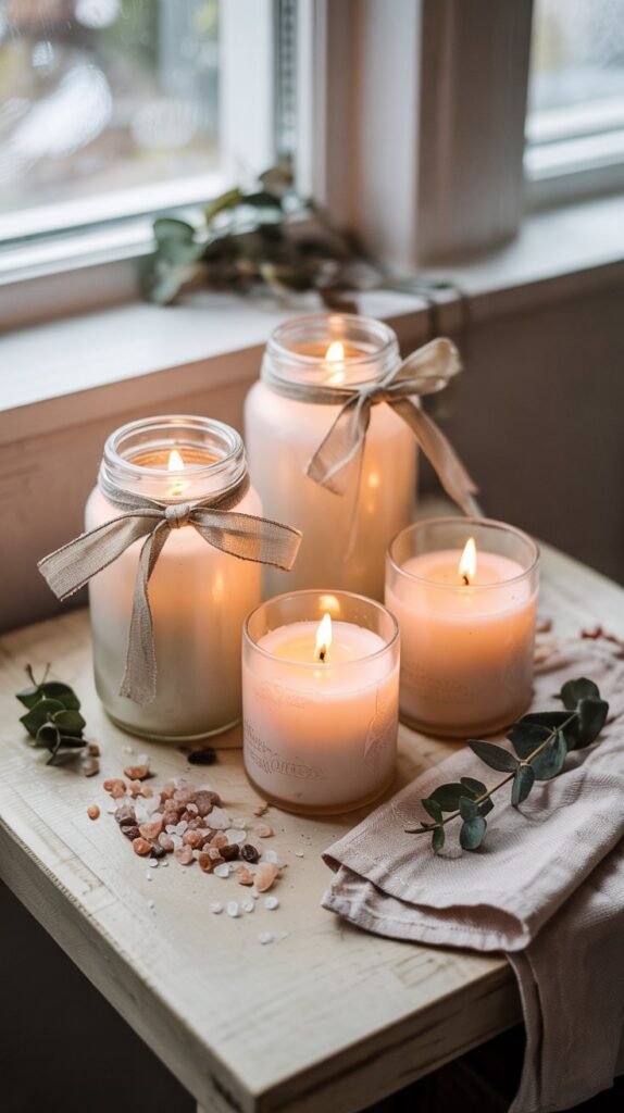 Three styled upcycled glass jars on a wooden tray — a frosted jar of bath salts, a lit candle in a jar, and a jar with dried florals — tied with linen ribbon and eucalyptus sprigs