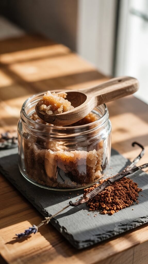 Glass jar of coffee vanilla sugar scrub with wooden scoop, vanilla bean and coffee beans on a warm wood surface