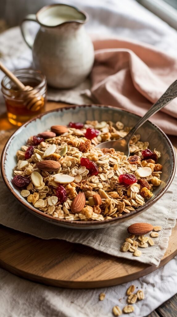Bowl of toasted granola with wooden spoon, jar of granola tied with twine, honey dipper and scattered almonds and dried cranberries on a wooden board