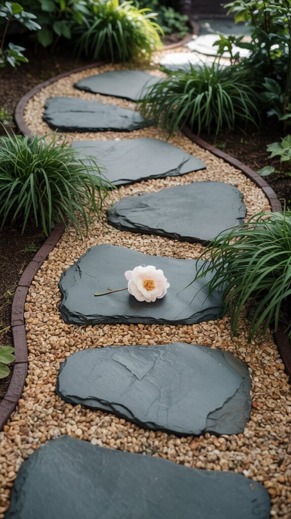 Slate stepping stones staggered in pale pea gravel with narrow green foliage at the edges.

