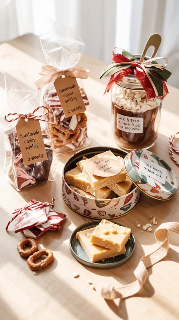 Assortment of homemade no-bake edible Christmas gifts beautifully packaged with festive ribbons and tags