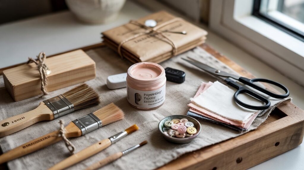 Styled tools and supplies for upcycling: paint jars, brushes tied with twine, sanding block, fabric scissors and folded fabric swatches on a pale wood surface.”