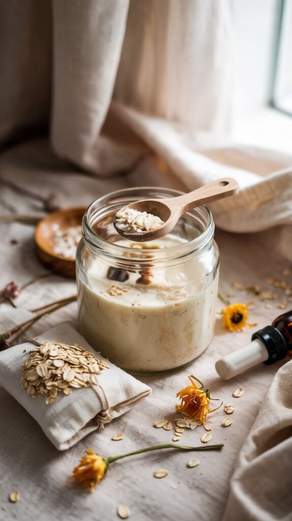 Soft cream oatmeal and milk bath blend in a bowl surrounded by rolled oats and chamomile for a calming spa scene."