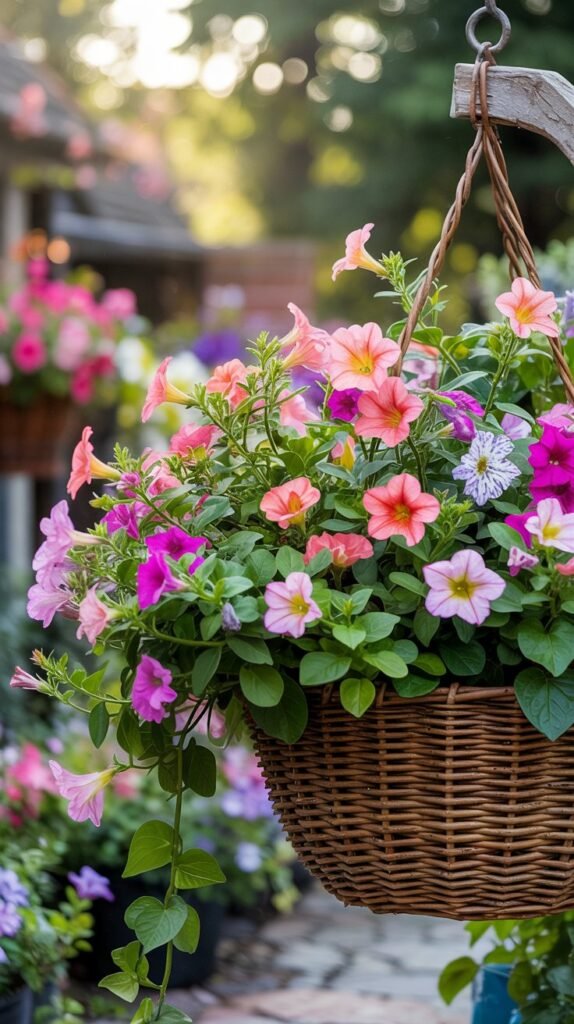 Sunlit summer hanging basket overflowing with coral calibrachoa and chartreuse sweet potato vine.