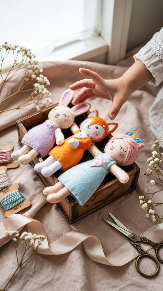 Pastel felt finger puppets arranged on blush linen, child's hand reaching in