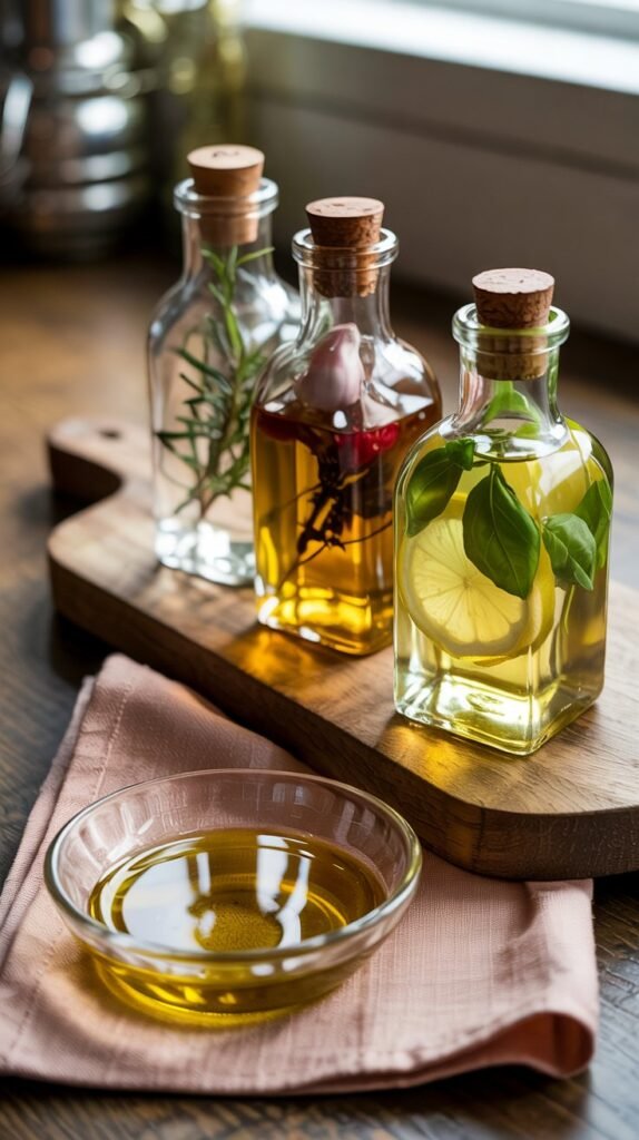 Three glass bottles of herb-infused olive oil on a wooden board with fresh rosemary, lemon and garlic.