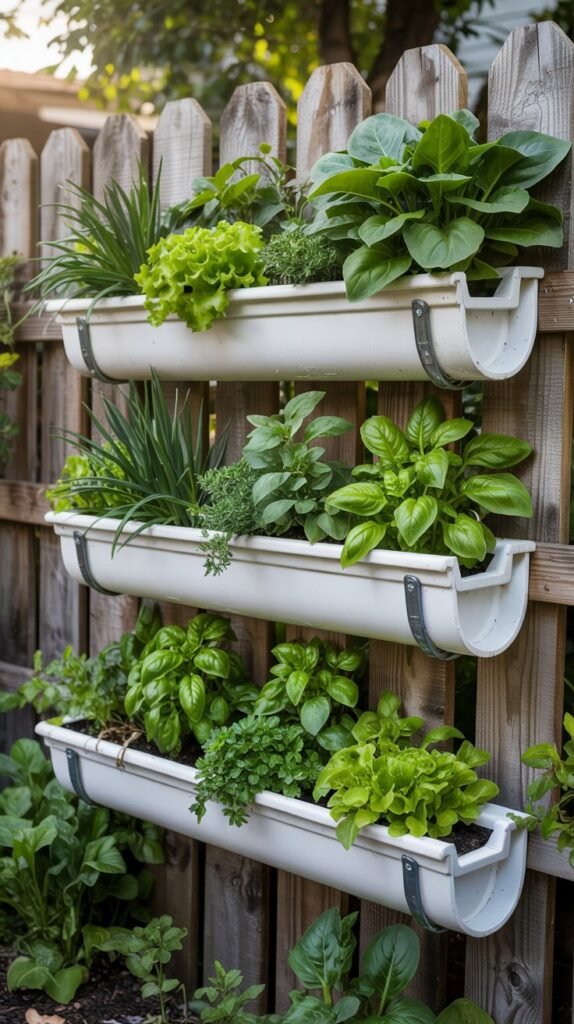 DIY hanging gutter garden — a low-cost, space-saving way to grow herbs and shallow-rooted vegetables on balconies or fences. Quick to build and easy to maintain.

