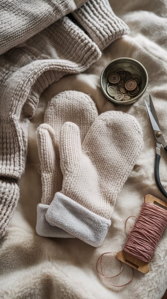 Turn thrifted sweaters into cozy, lined mittens—simple cutting and sewing tips, styling ideas, and gift-wrapping inspiration for handmade winter presents.