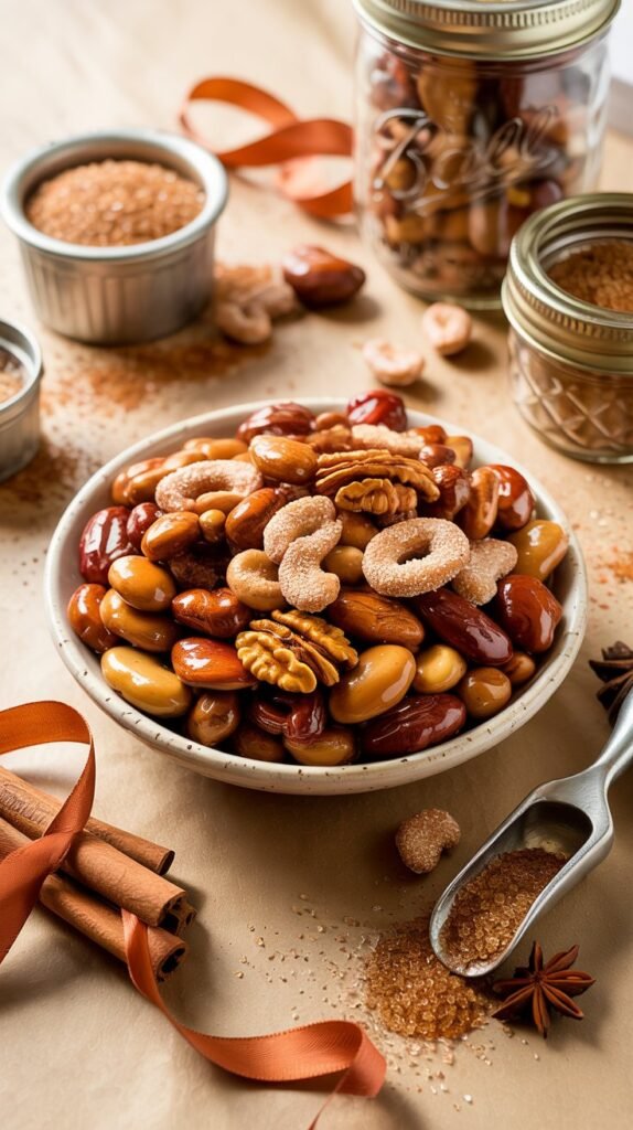 Spiced candied nuts in a decorative holiday jar with a festive ribbon