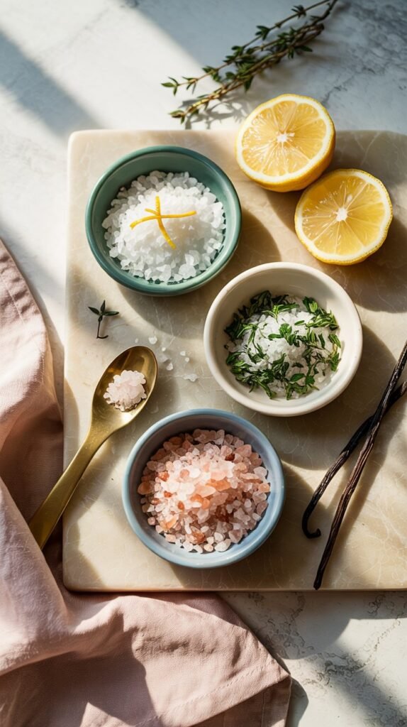 Three small dishes of gourmet flavored salts — citrus, herb and pink salt — with wooden spoons, citrus half and fresh herbs on a pale board.”