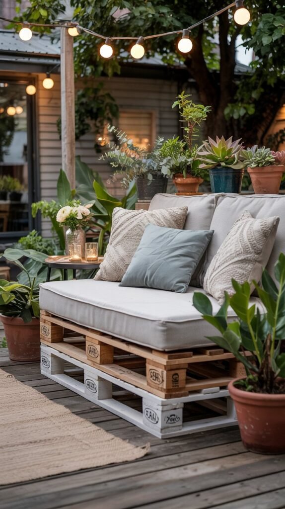 Pallet outdoor sofa with blush cushions, cream throw, terracotta pots and string lights on a wooden deck.