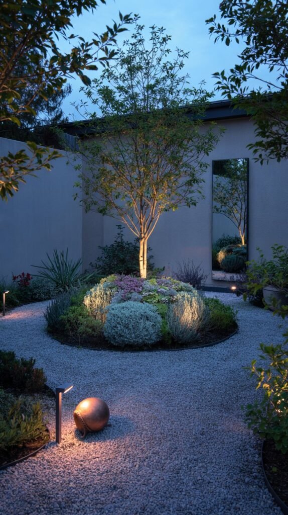 Whole small garden at dusk showing curved path, reflective water bowl foreground, uplit sculptural island midground and a wall mirror doubling the lit planting."