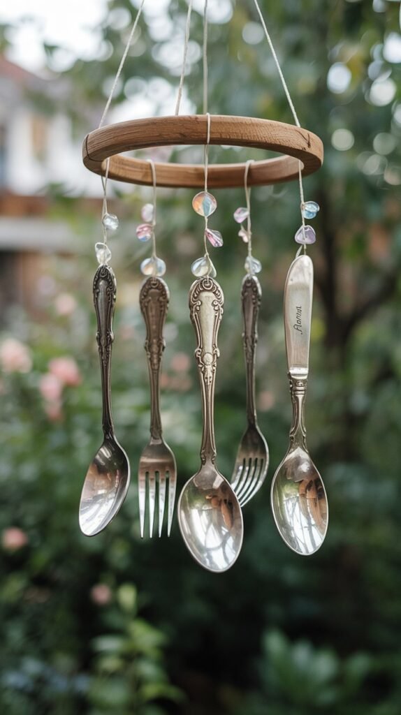 Vintage silverware wind chime hanging against a blurred garden background.