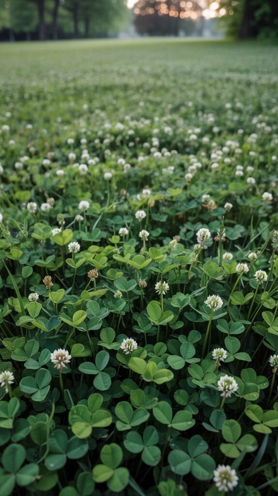 Lawn-like carpet of dense white clover with small white blossoms and morning dew.