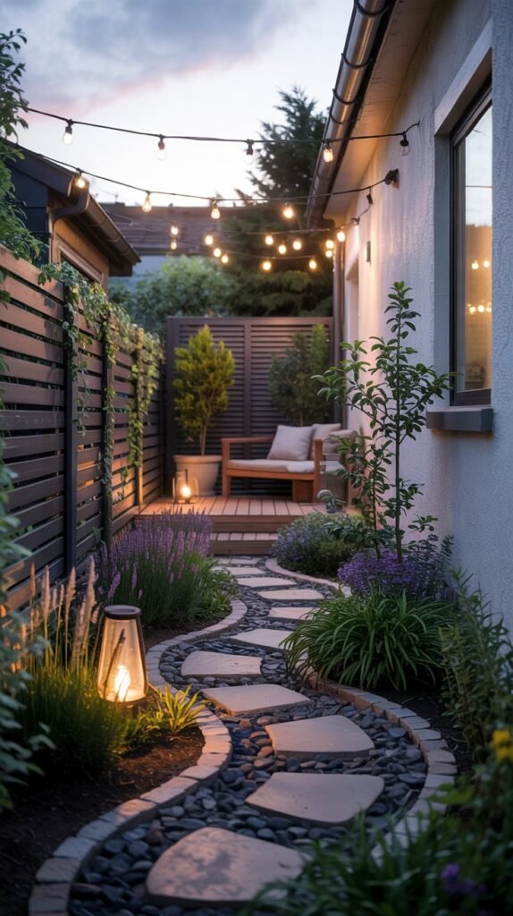 Narrow side yard with stepping-stone path, string lights, trellis plants, slim bench and screened utility area.